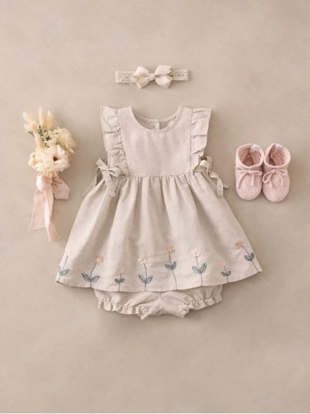 Elegant Baby Natural Linen Floral Embroidered Dress